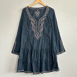 Lucky Brand Dress Large Mini Black Pink Embroidery Long Sleeve Button VNeck